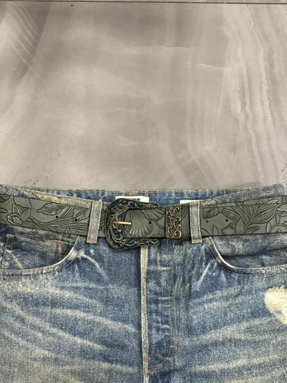 Forest Green Embossed Floral Bronze Buckle Belt